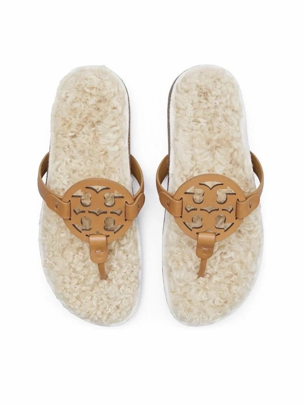 Tory Burch Miller Cloud Camel Leather Logo Shearling Thong Sandals size 7